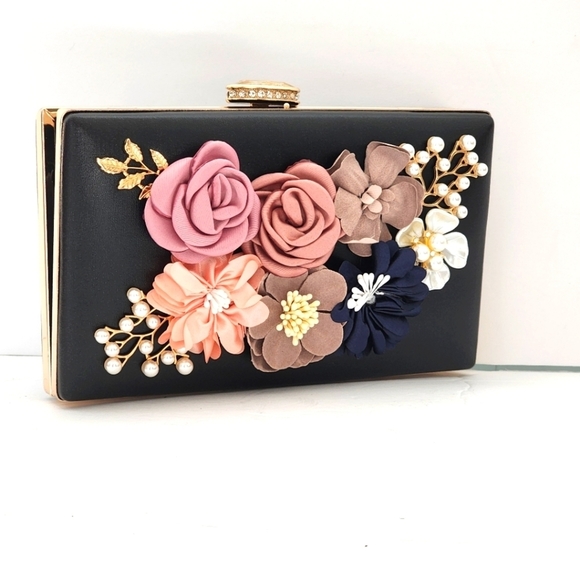 Women's Black Leather Satin Flowers Evening Clutch Bag - Picture 3 of 8